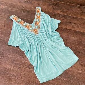 Cold Shoulder Vneck Blouse Jeweled Top Flowy Size Medium Short Sleeved
